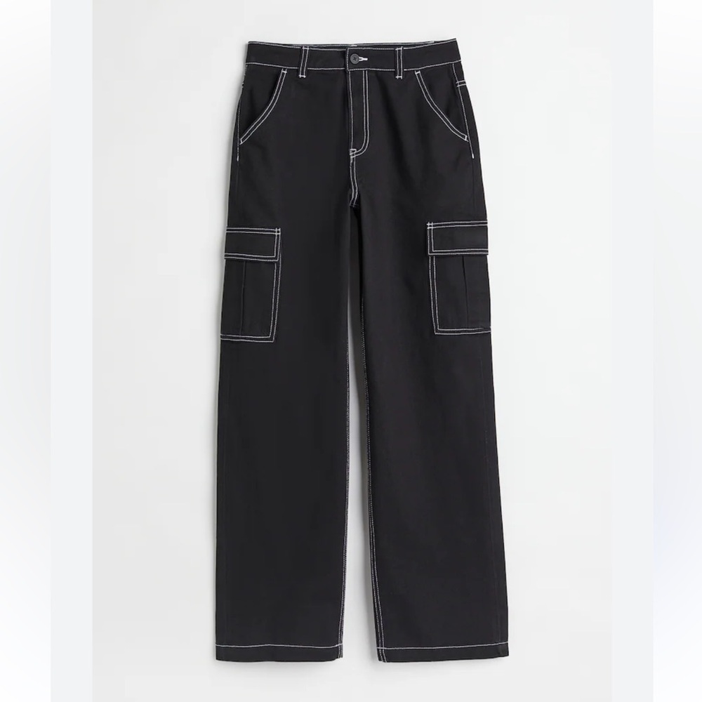 H&M Black Cargo Pants with White Stitching